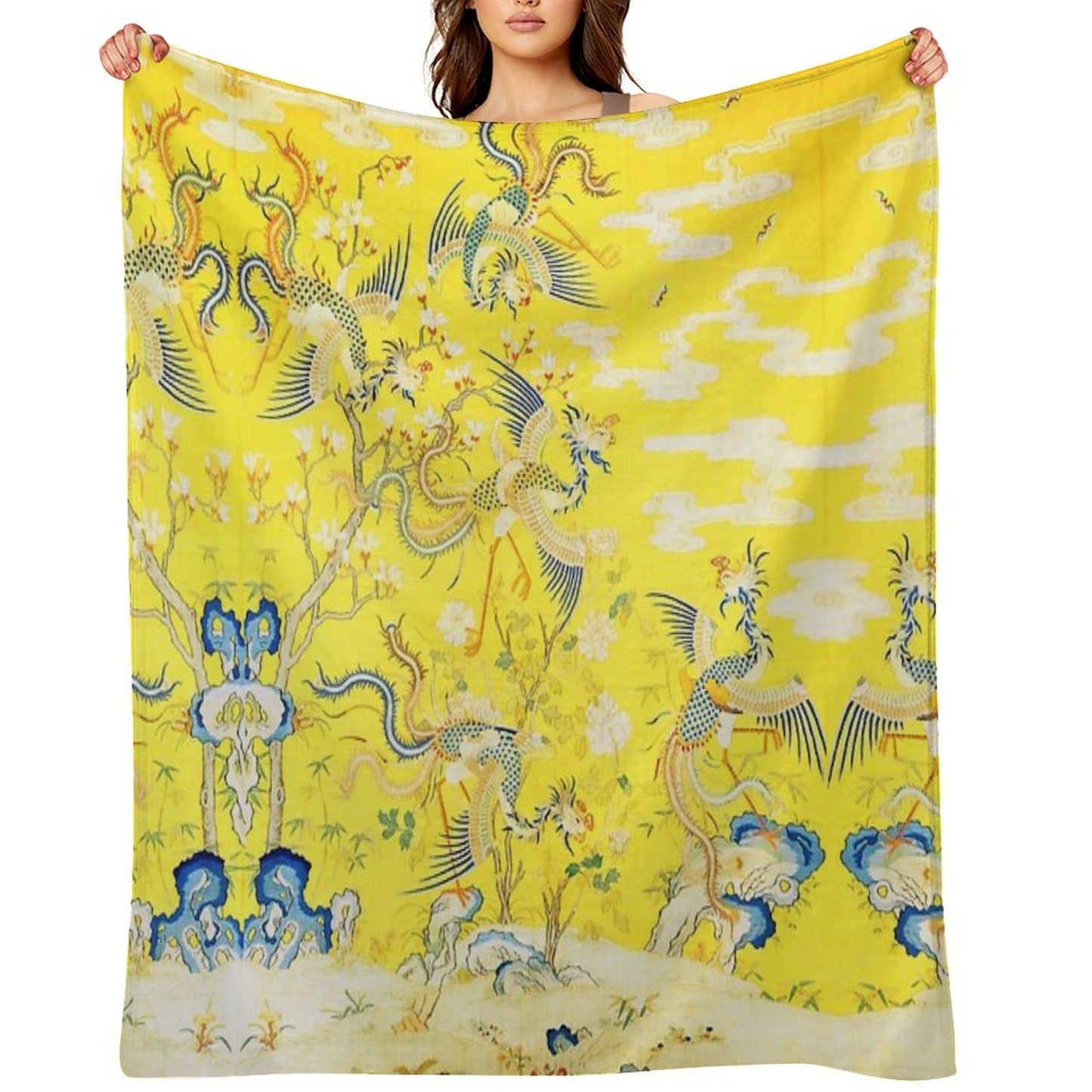 Five Phoenixes in The Garden ,Chinese Imperial Bright Yellow Floral Tapestry Throw Blanket