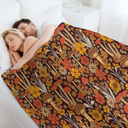 Retro 1970s Brown & Orange Mushrooms & Flowers Throw Blanket