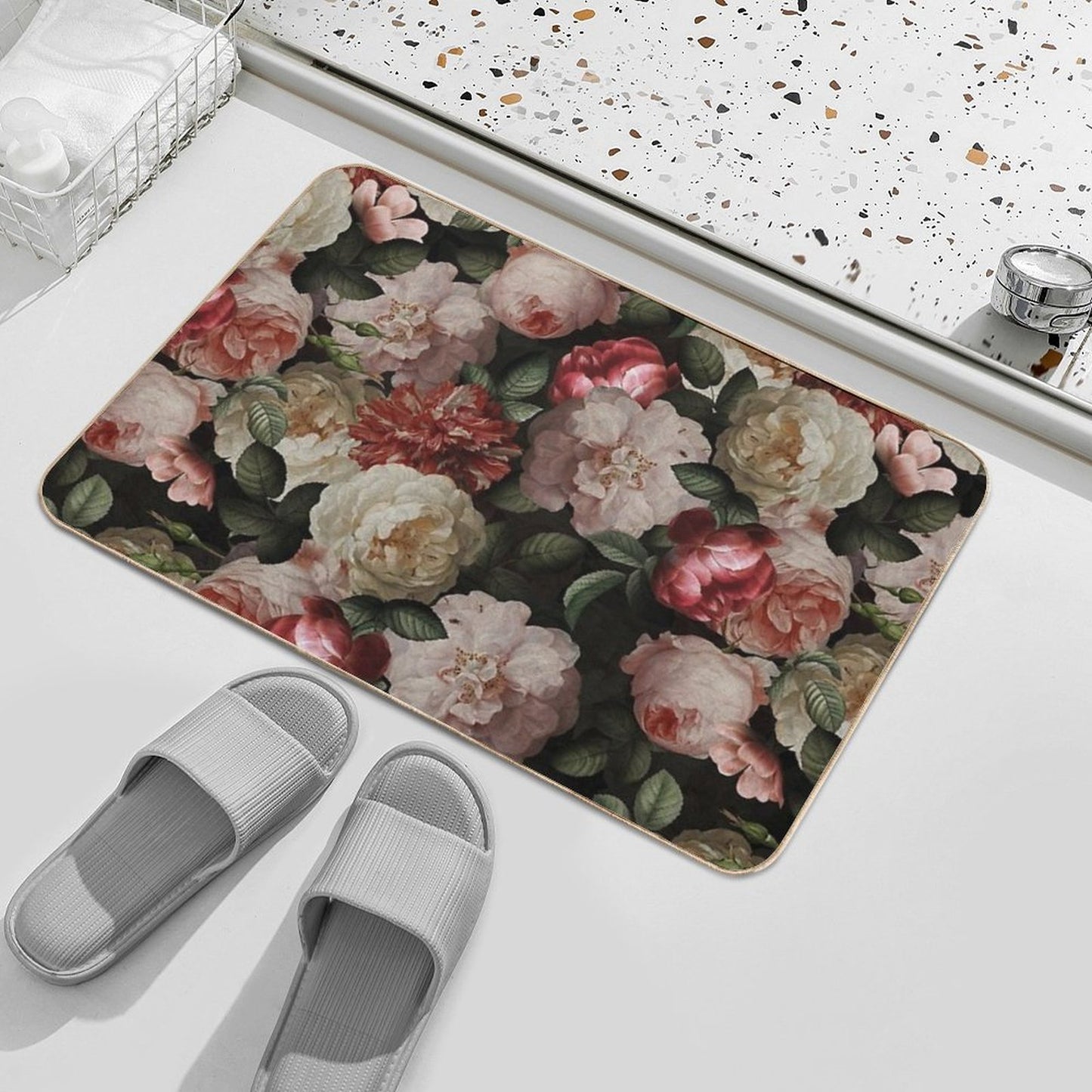 Antique Jan Davidsz. De Heem Lush Roses Flowers On Black Botanical Night GardenPattern Nightgarden Bath Mat