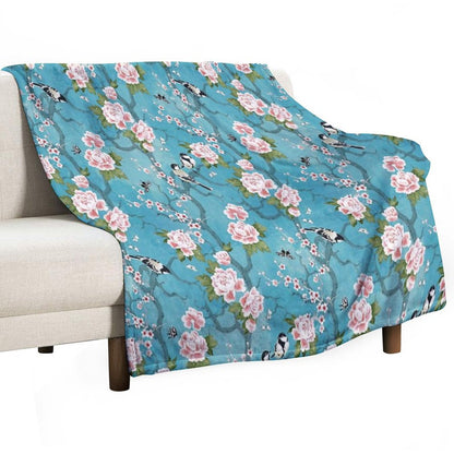 Chinoiserie Birds in Turquoise Blue Throw Blanket
