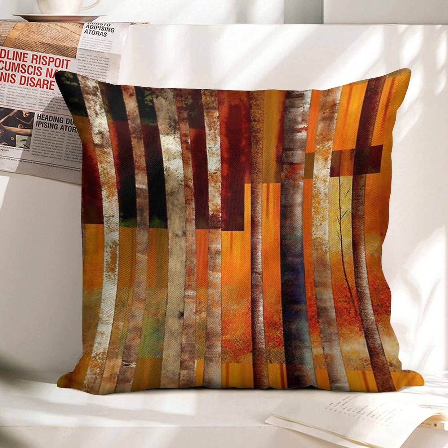 Abstract Forest Orange Stripes Linen Throw Pillow Cover