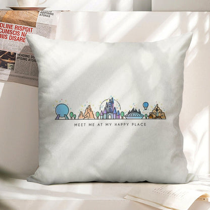 Meet Me at My Happy Place Vector Orlando Theme Park Illustration Design Linen Throw Pillow Cover