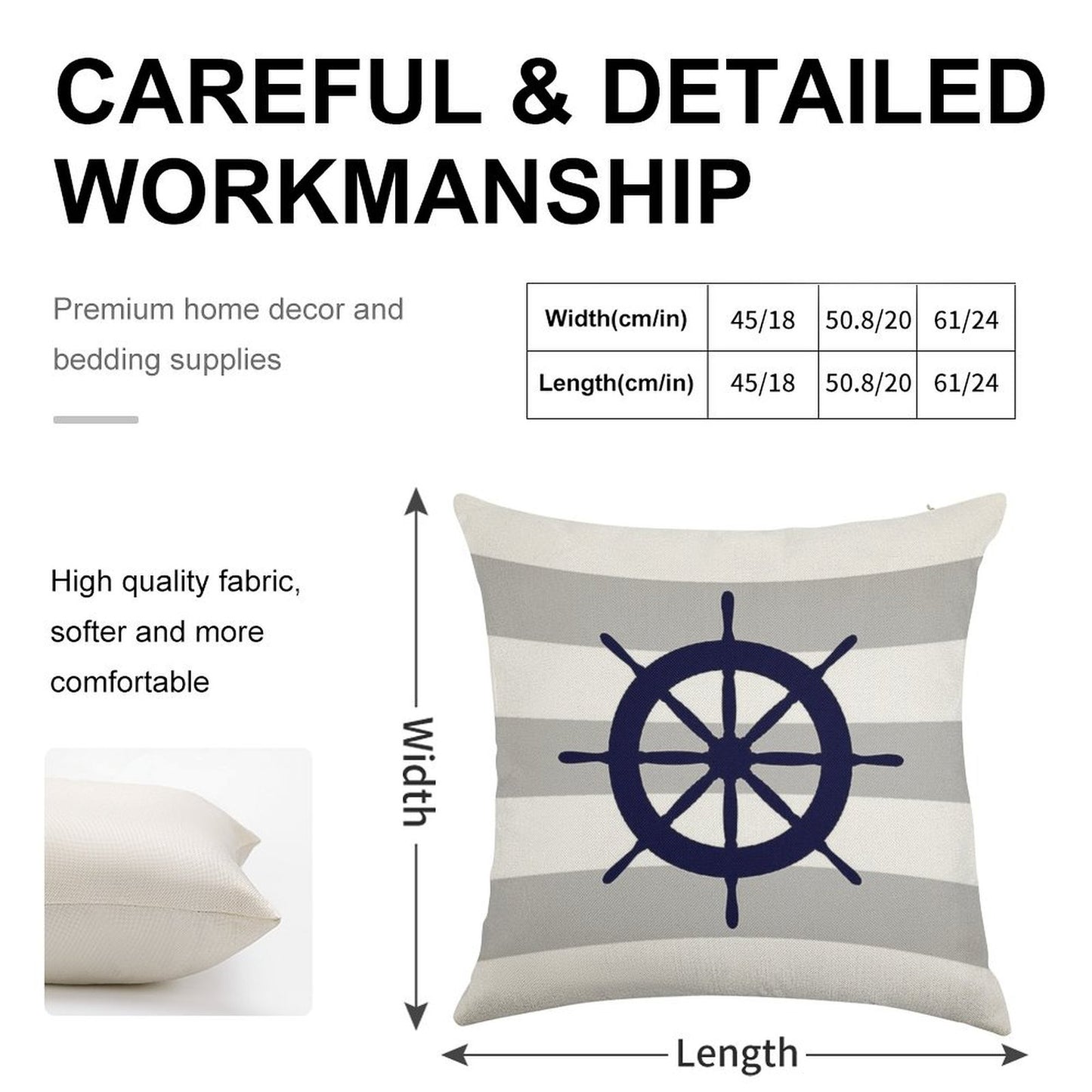 Nautical Navy Blue Ship's Steering Wheel On Silver Gray Stripes Linen Throw Pillow Cover