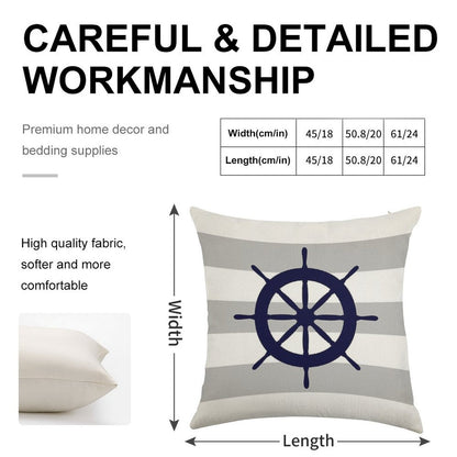 Nautical Navy Blue Ship's Steering Wheel On Silver Gray Stripes Linen Throw Pillow Cover