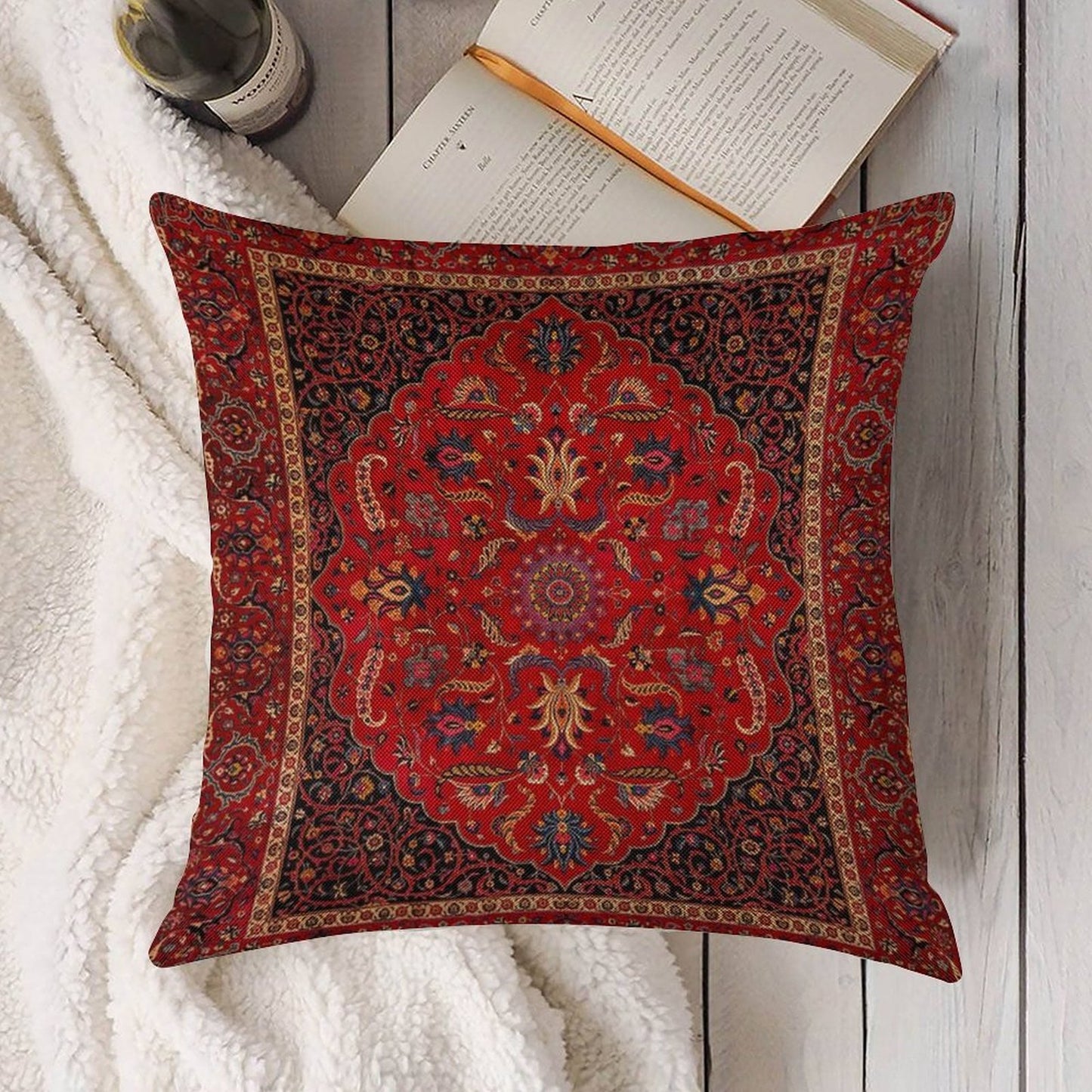 Red Persian Rug Linen Throw Pillow Cover