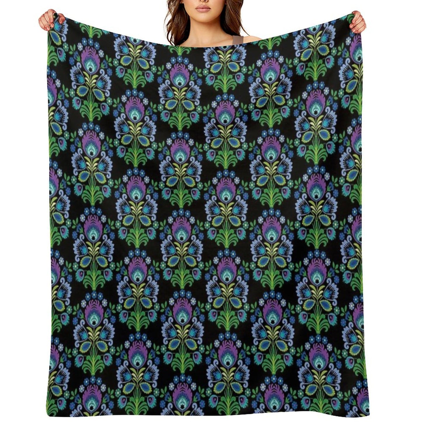Polish Folk Flowers Purple on Black Throw Blanket