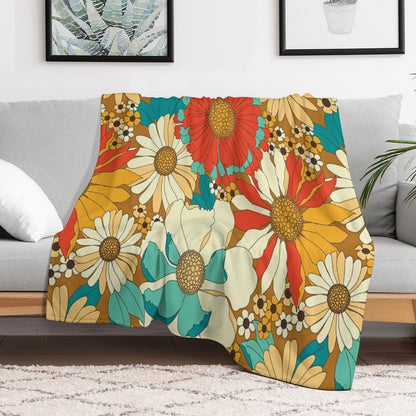 Red, Orange, Turquoise & Brown Retro Floral Pattern Throw Blanket
