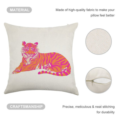 Pink And Orange Tiger Linen Throw Pillow Cover
