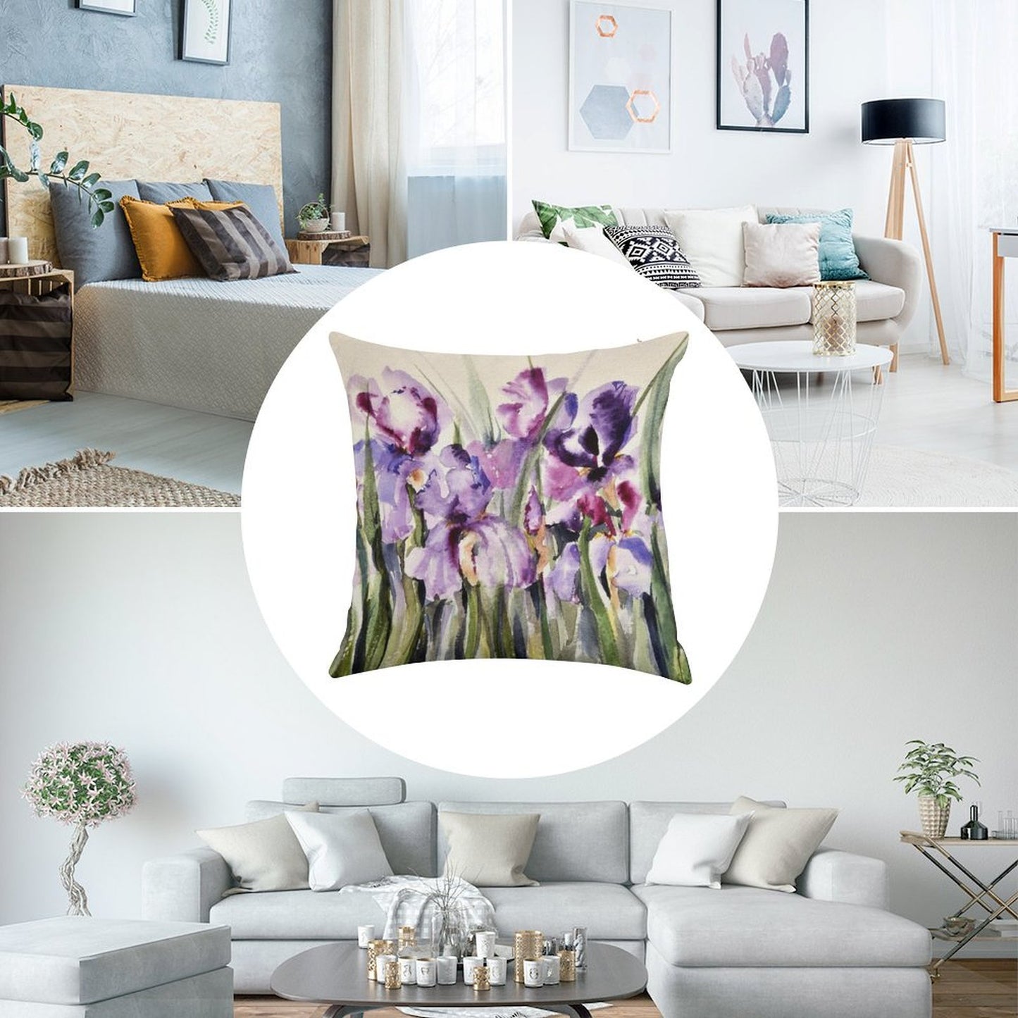 Purple Iris Art Watercolor Linen Throw Pillow Cover