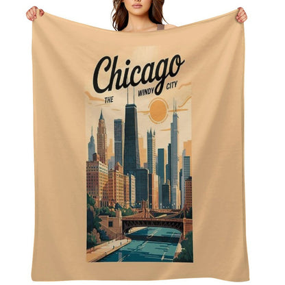 Chicago Illinois Skyline Travel Art Vintage Throw Blanket