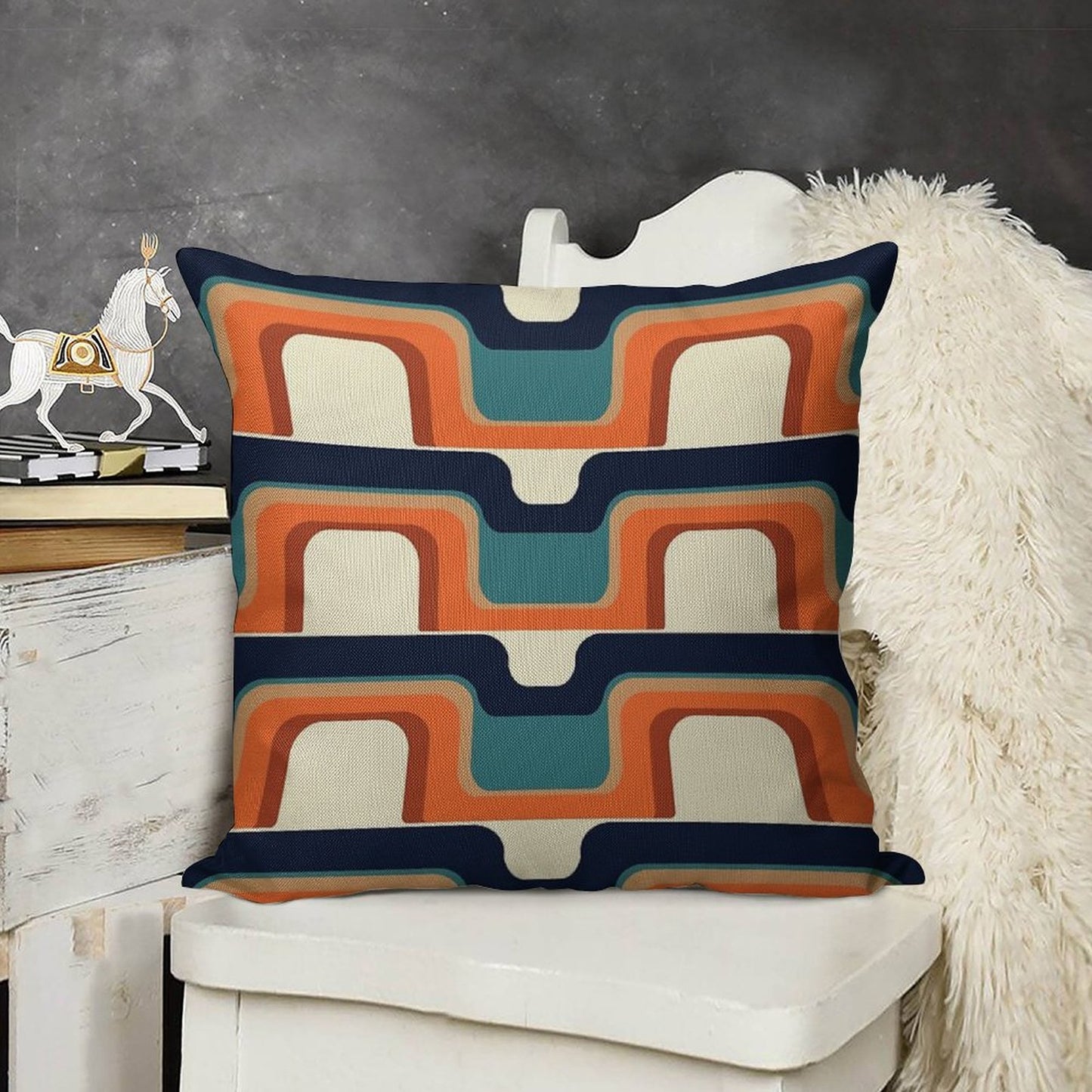 Mid-Century Modern Meets 1970s Orange & Blue Linen Throw Pillow Cover