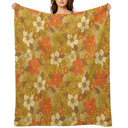 Retro 60s70s Orange & Olive Green Floral Throw Blanket