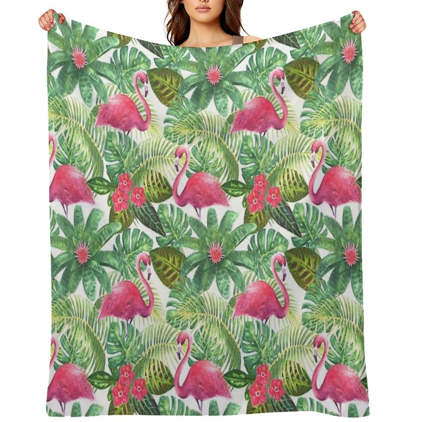 Tropical Exotic Seamless Pattern with Pink Flamingos on White Background Throw Blanket