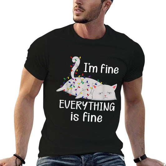 Im Fine Everything Is Fine Christmas Lights Funny Cat Lover  Durable T-Shirt
