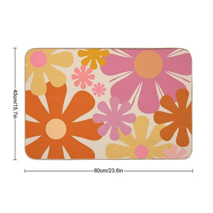Retro 60s 70s Flowers - Vintage Style Floral Pattern in Thulian Pink, Orange, Mustard, And Cream  Long-Lasting Bath Mat