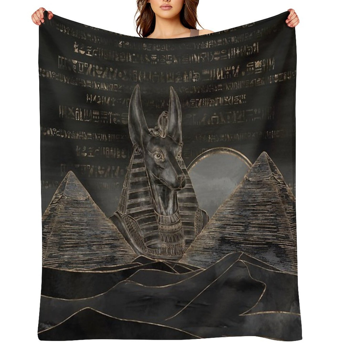 Anubis on Egyptian Pyramids Landscape Throw Blanket