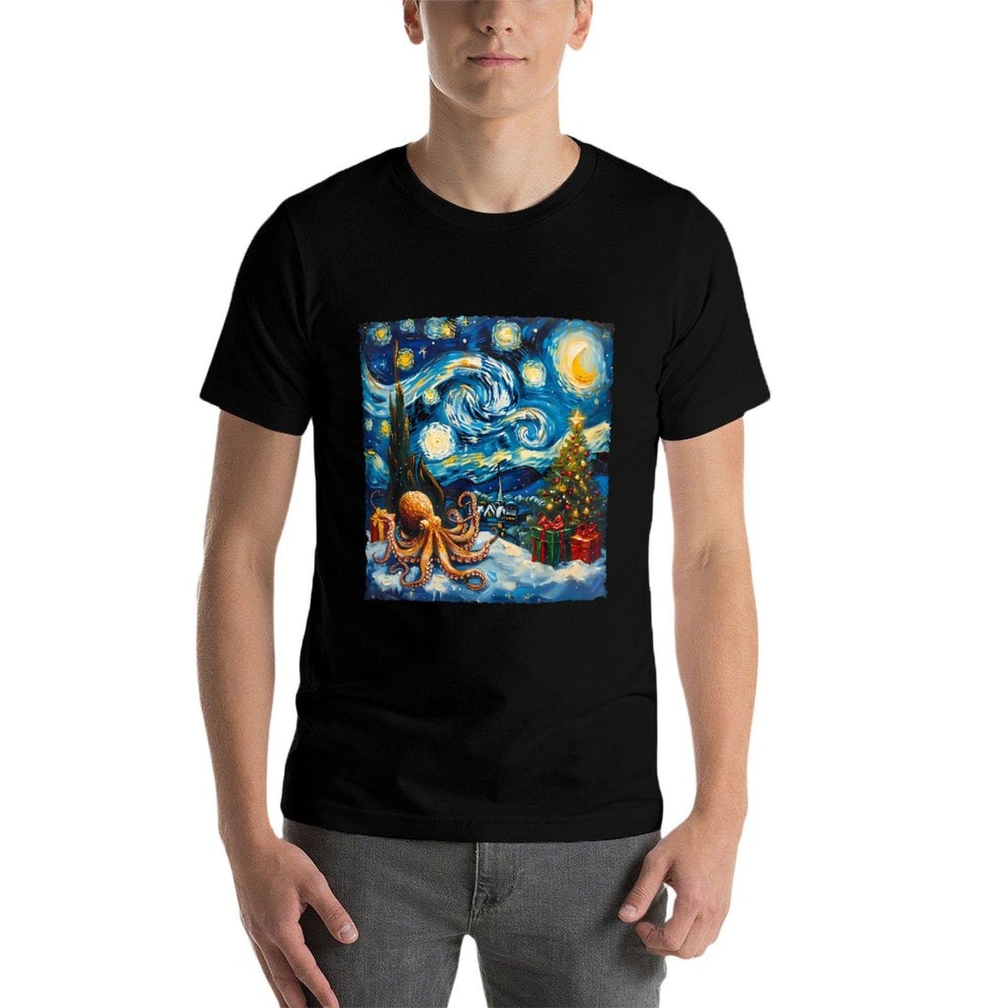 Christmas Octopus Starry Night Style Winter Artwork Holiday  Tagless Design T-Shirt