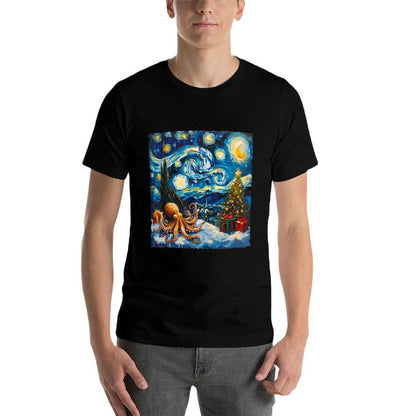 Christmas Octopus Starry Night Style Winter Artwork Holiday  Tagless Design T-Shirt