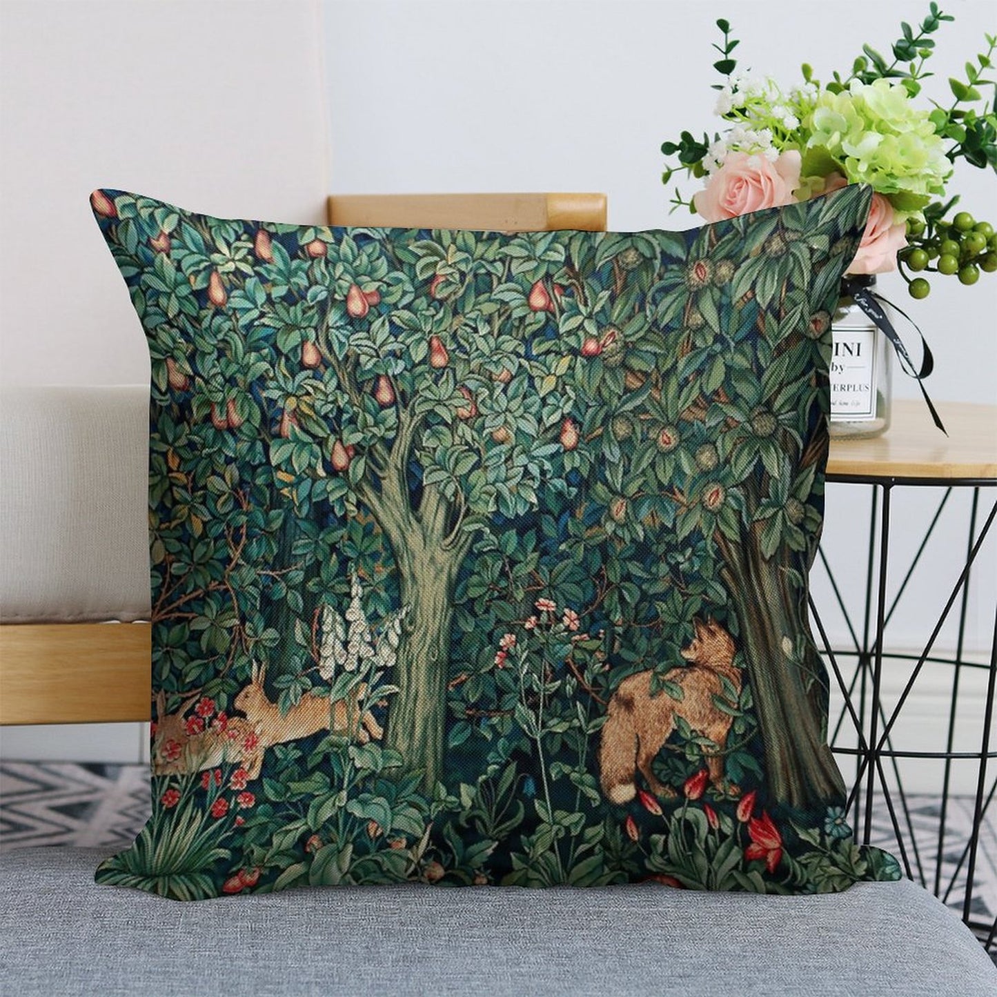 GREENERY, FOREST ANIMALS Fox And Hares Blue Green Floral Tapestry Linen Throw Pillow Cover