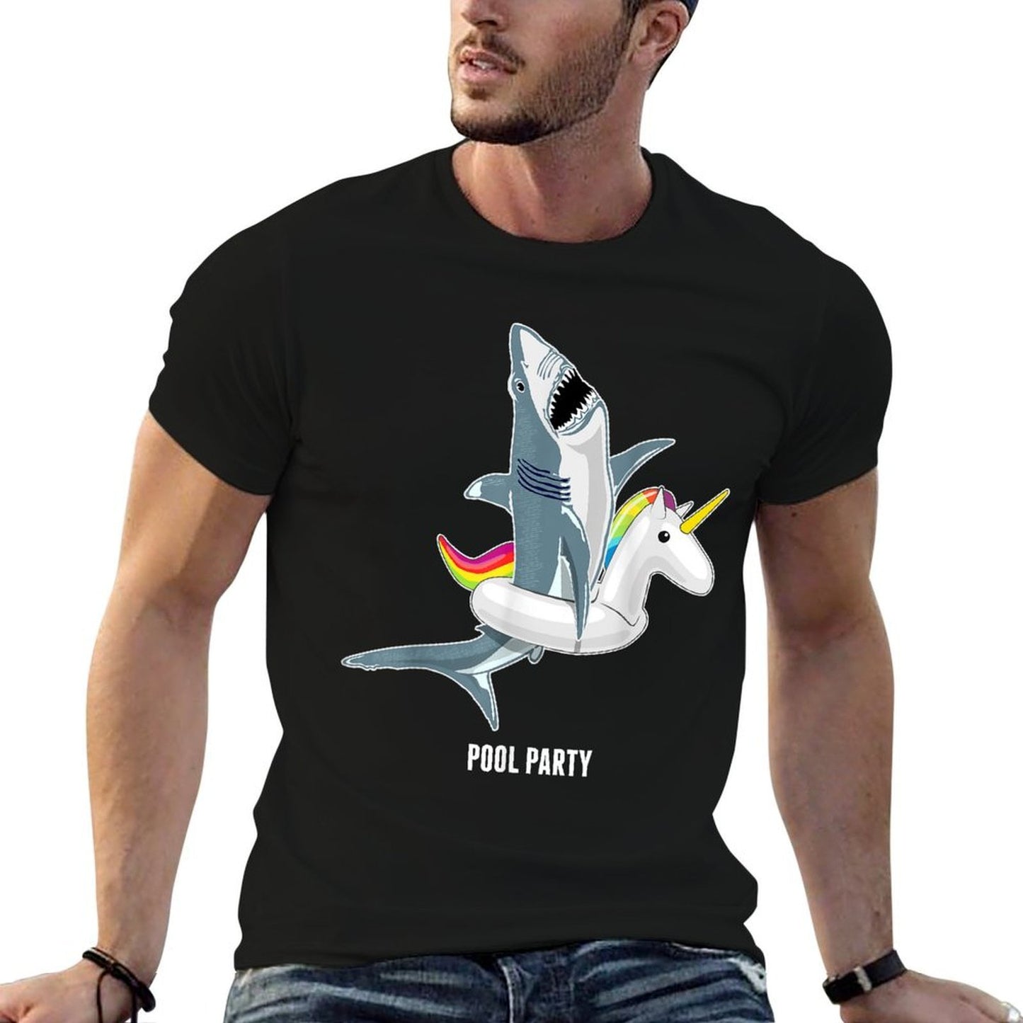 Pool Party Unicorn Float Funny Shark Lover Gift Kids  Ribbed Collar T-Shirt