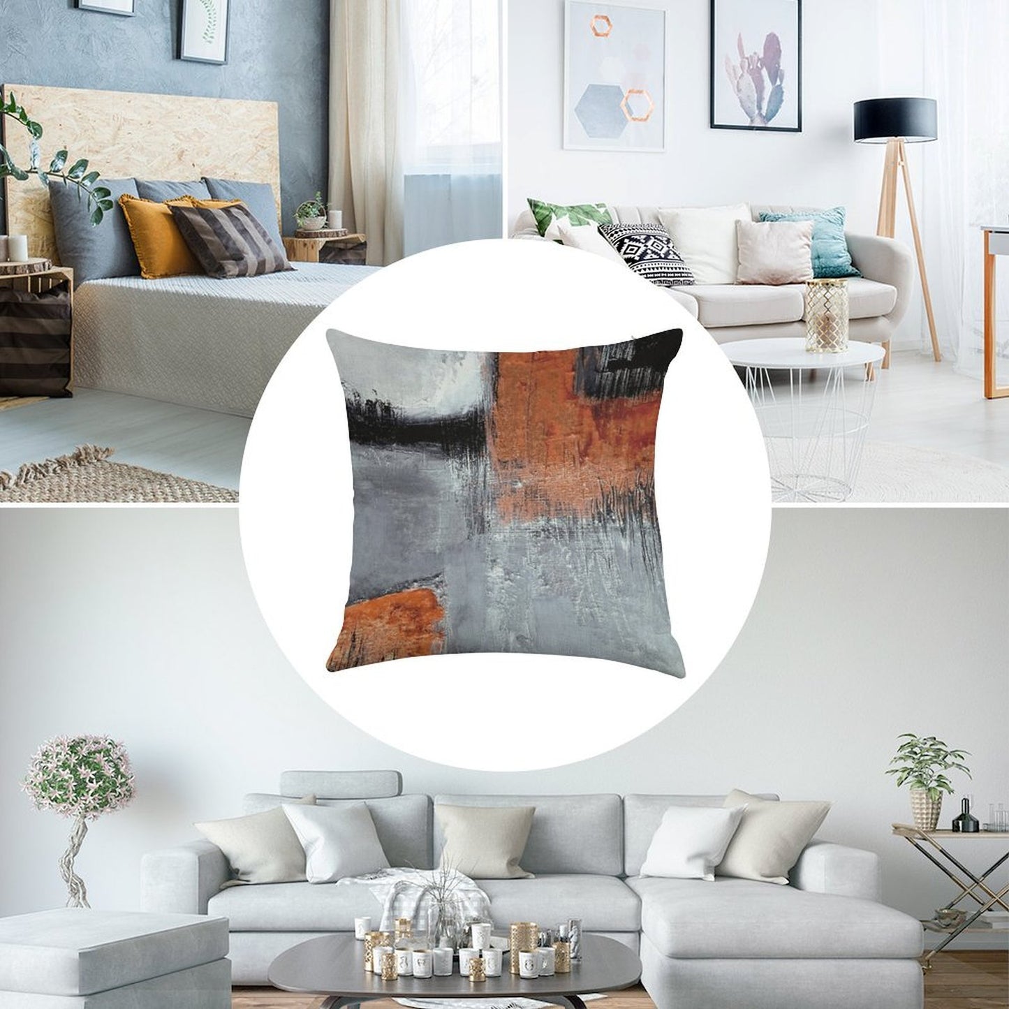 Black Orange Abstract Linen Throw Pillow Cover