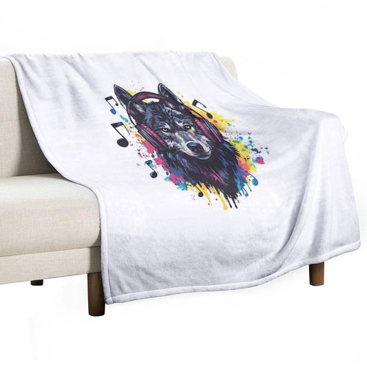 Wolf with Headphones - Cool Music Lover Design Throw Blanket