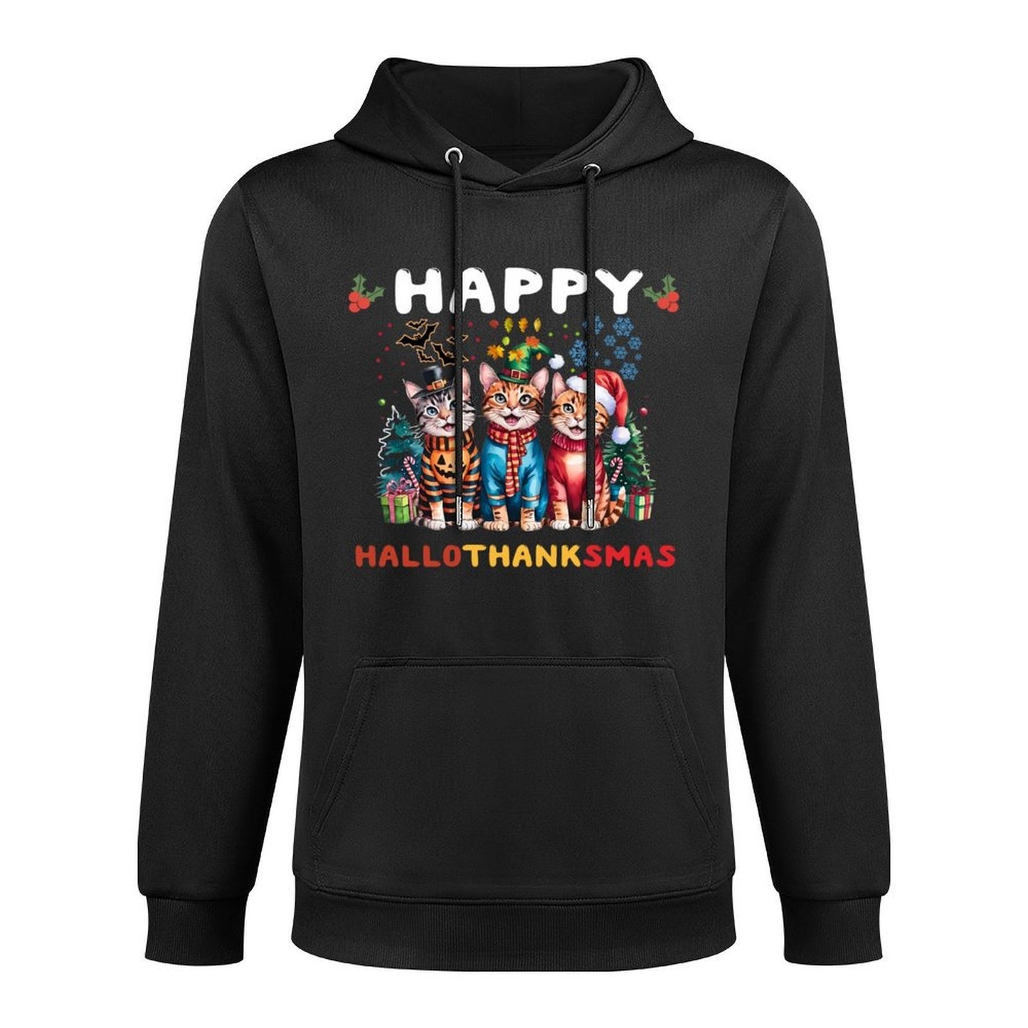 Happy HalloThanksMas Cats Halloween Thanksgiving Christmas Casual Wear Hoodie