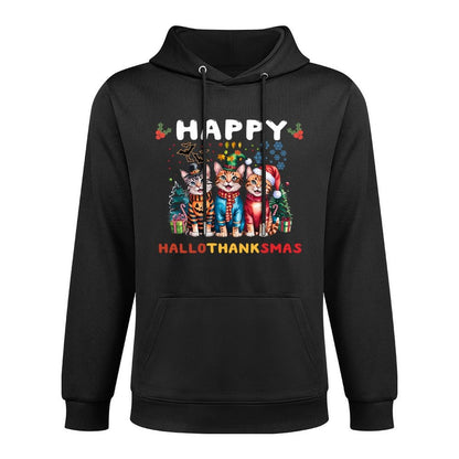 Happy HalloThanksMas Cats Halloween Thanksgiving Christmas Casual Wear Hoodie