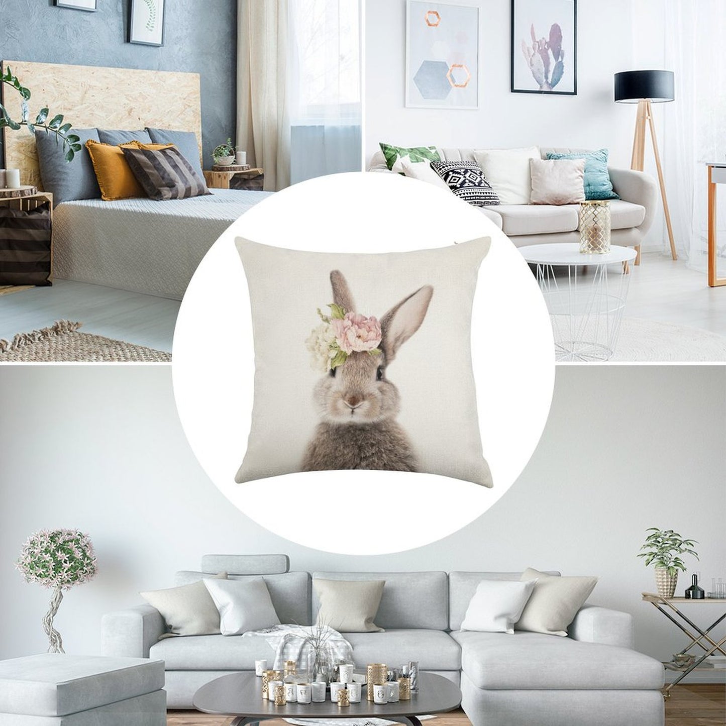 Peek-a-boo Floral Bunny Linen Throw Pillow Cover