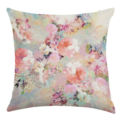 Romantic Pink Teal Watercolor Chic Floral Pattern Linen Throw Pillow Cover