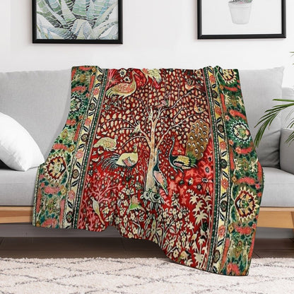 Antique Persian Rug Bird Tree Flowers Ca. 1600 Print Throw Blanket