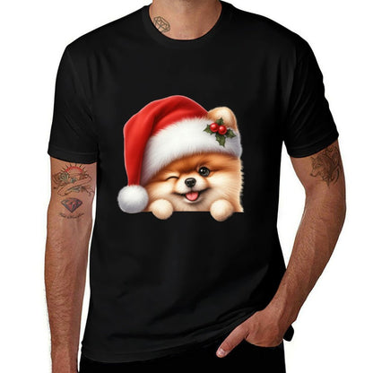 Pomeranian Dog Christmas Santa Hat Dog Mom Dad Pom Pom  Easy-care T-Shirt