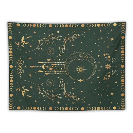 Sage Green And Gold Celestial Crescent Moon with Floral Accents And Moon Phase Tie Dye Tapestry