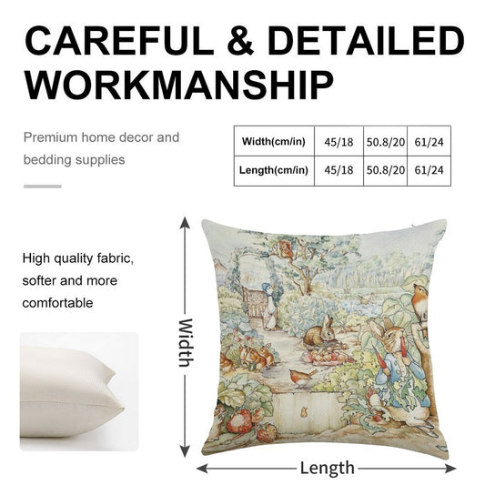 Beatrix Potter Storybook Characters in Garden Linen Throw Pillow Cover