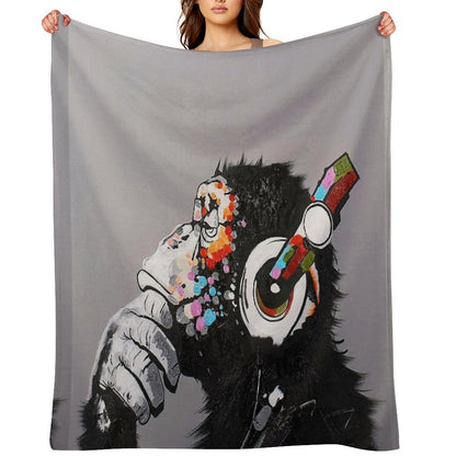 DJ Monkey With Headphones Thinking - Thinker Chimp Throw Blanket