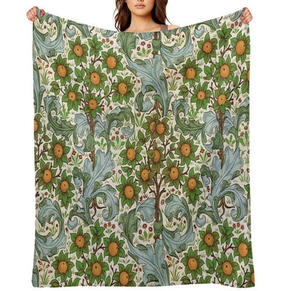 ORANGE TREE WITH BLUE GREEN LEAVES ,FLOWERS Soft Floral Art Nouveau Pattern Throw Blanket