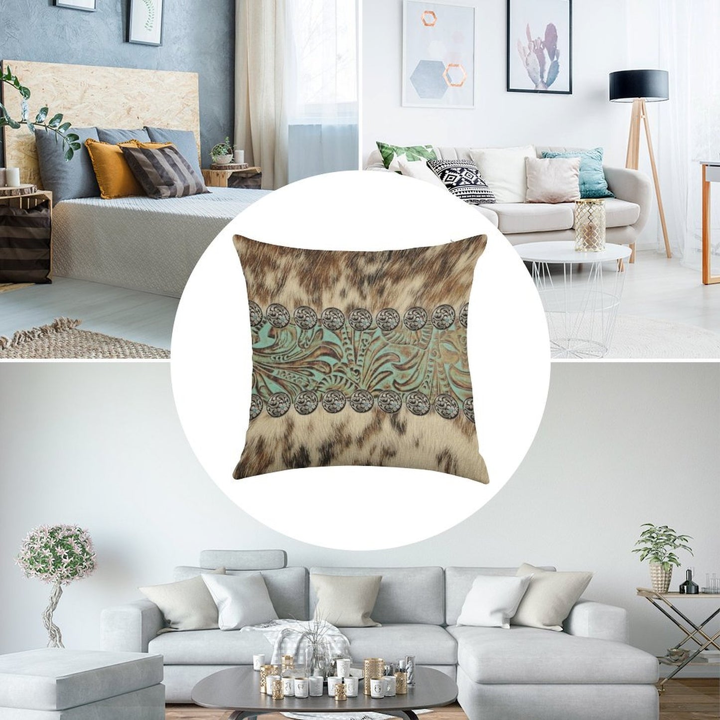 Rustic Brown Beige Teal Western Country Cowboy Fashion Linen Throw Pillow Cover