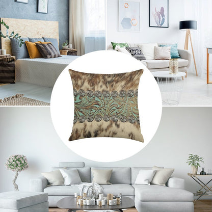 Rustic Brown Beige Teal Western Country Cowboy Fashion Linen Throw Pillow Cover