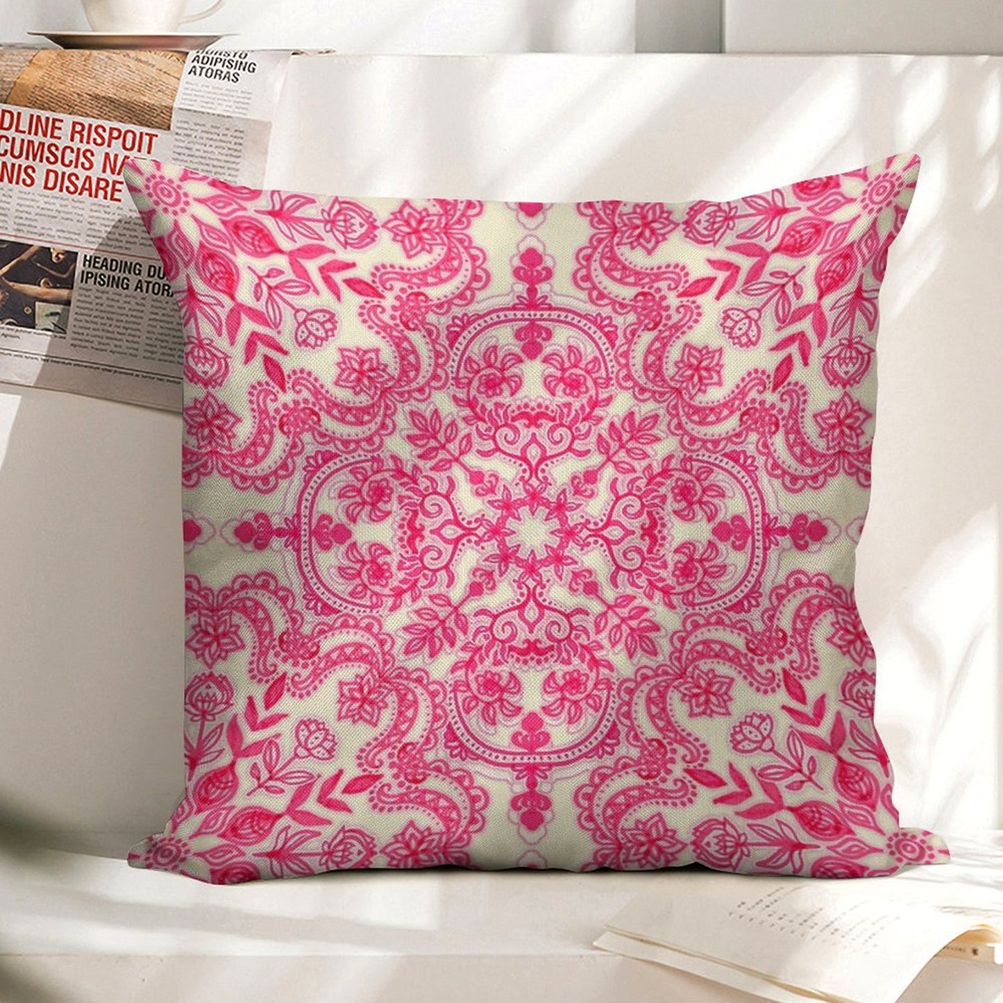 Hot Pink & Soft Cream Folk Art Pattern Linen Throw Pillow Cover