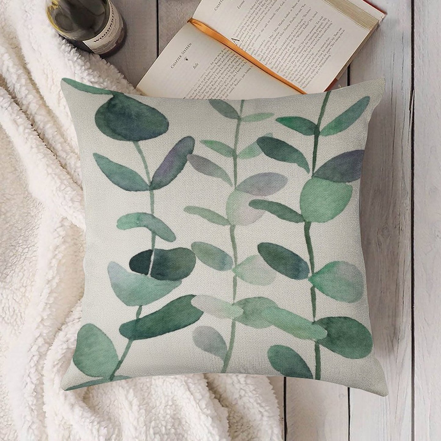 Watercolor, Eucalyptus, Leaves, Botanical, Painting, Green Linen Throw Pillow Cover