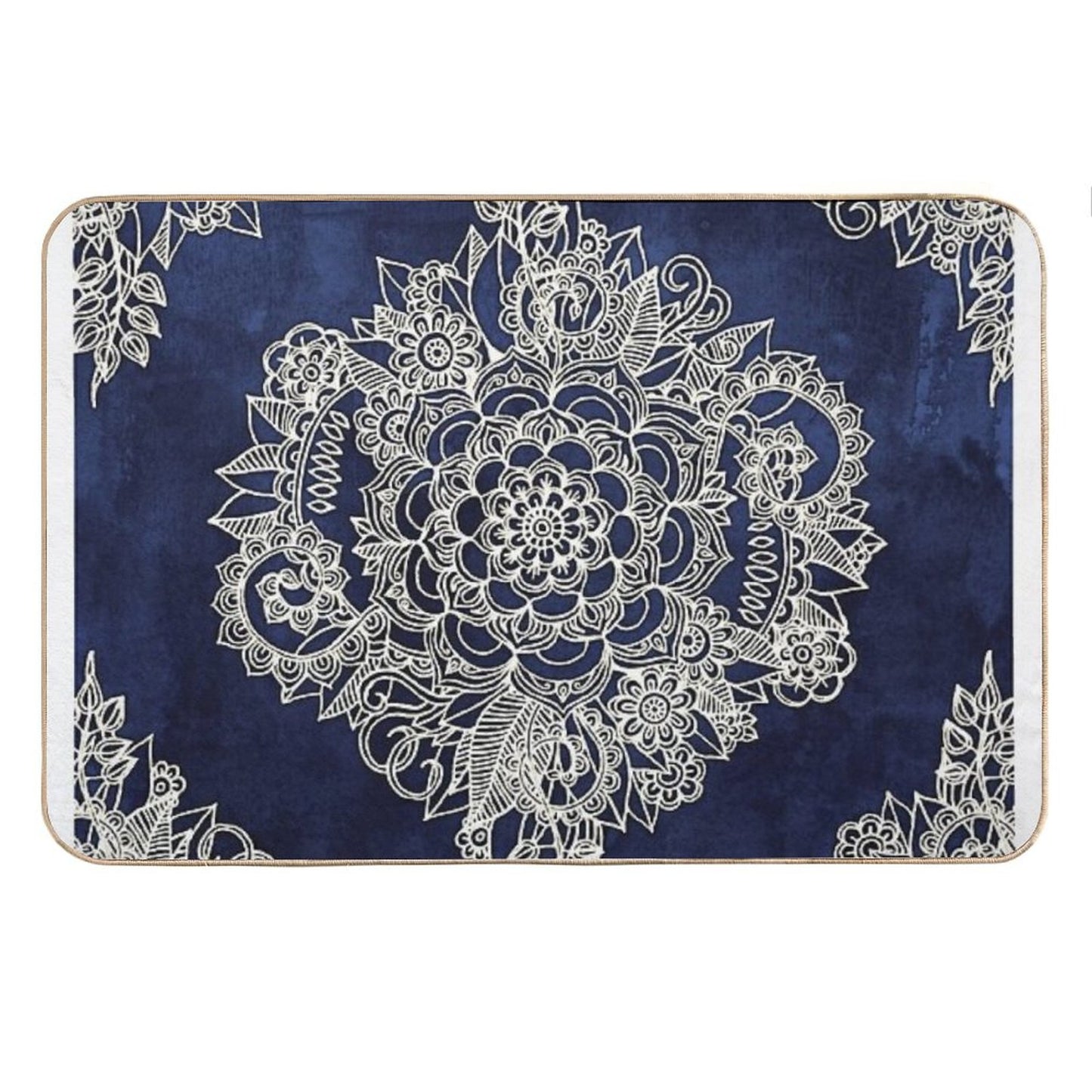 Cream Floral Moroccan Pattern on Deep Indigo Ink Bath Mat