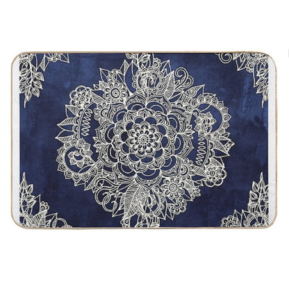 Cream Floral Moroccan Pattern on Deep Indigo Ink Bath Mat