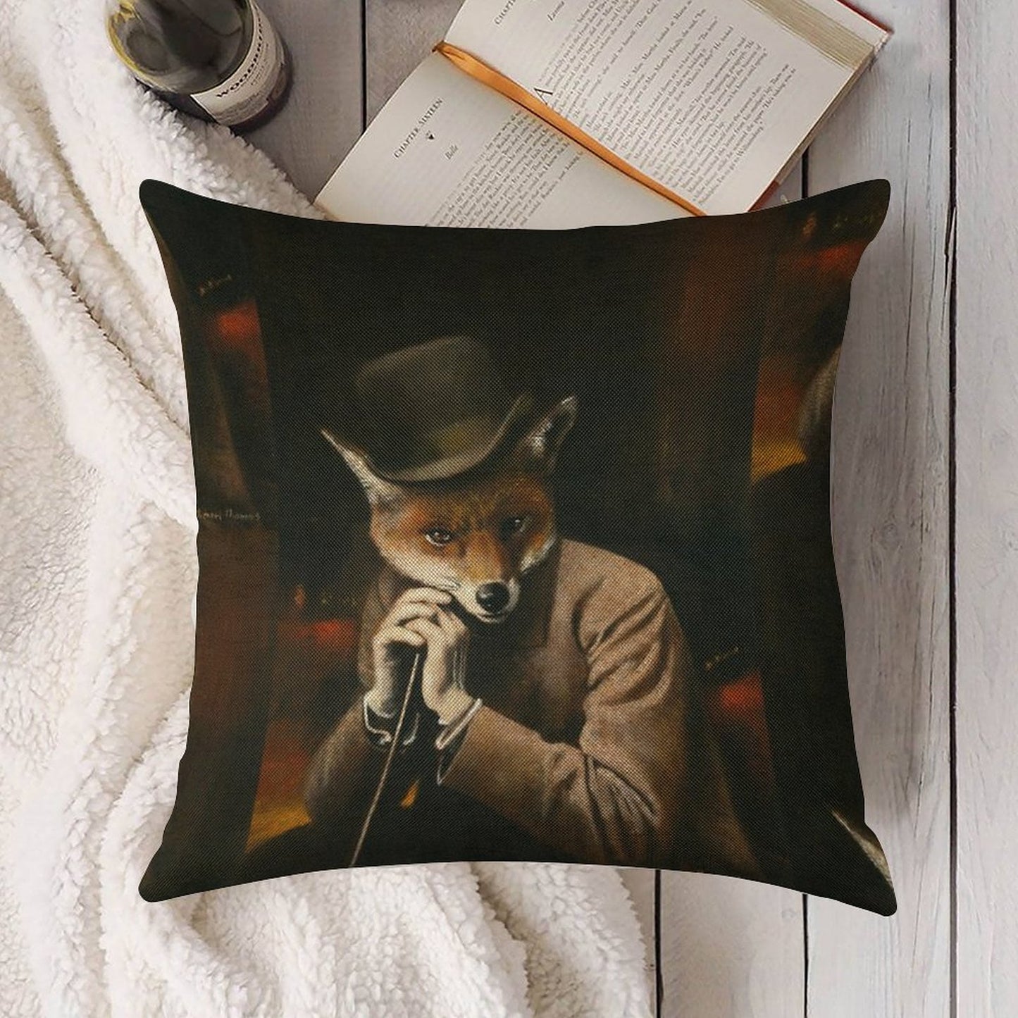Edwardian Gentleman Fox Linen Throw Pillow Cover