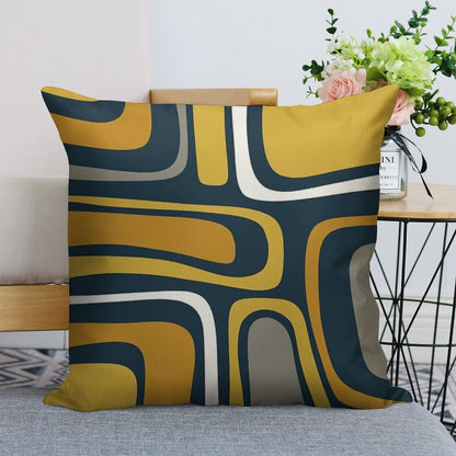 Palm Springs Mid-Century Modern Abstract Pattern in Light And Dark Mustard, Gray, And White on Navy Blue Linen Throw Pillow Cover