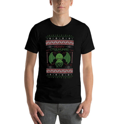 Merry Cthulhumas! Ugly Christmas Sweater Cthulhu  Ribbed Collar T-Shirt