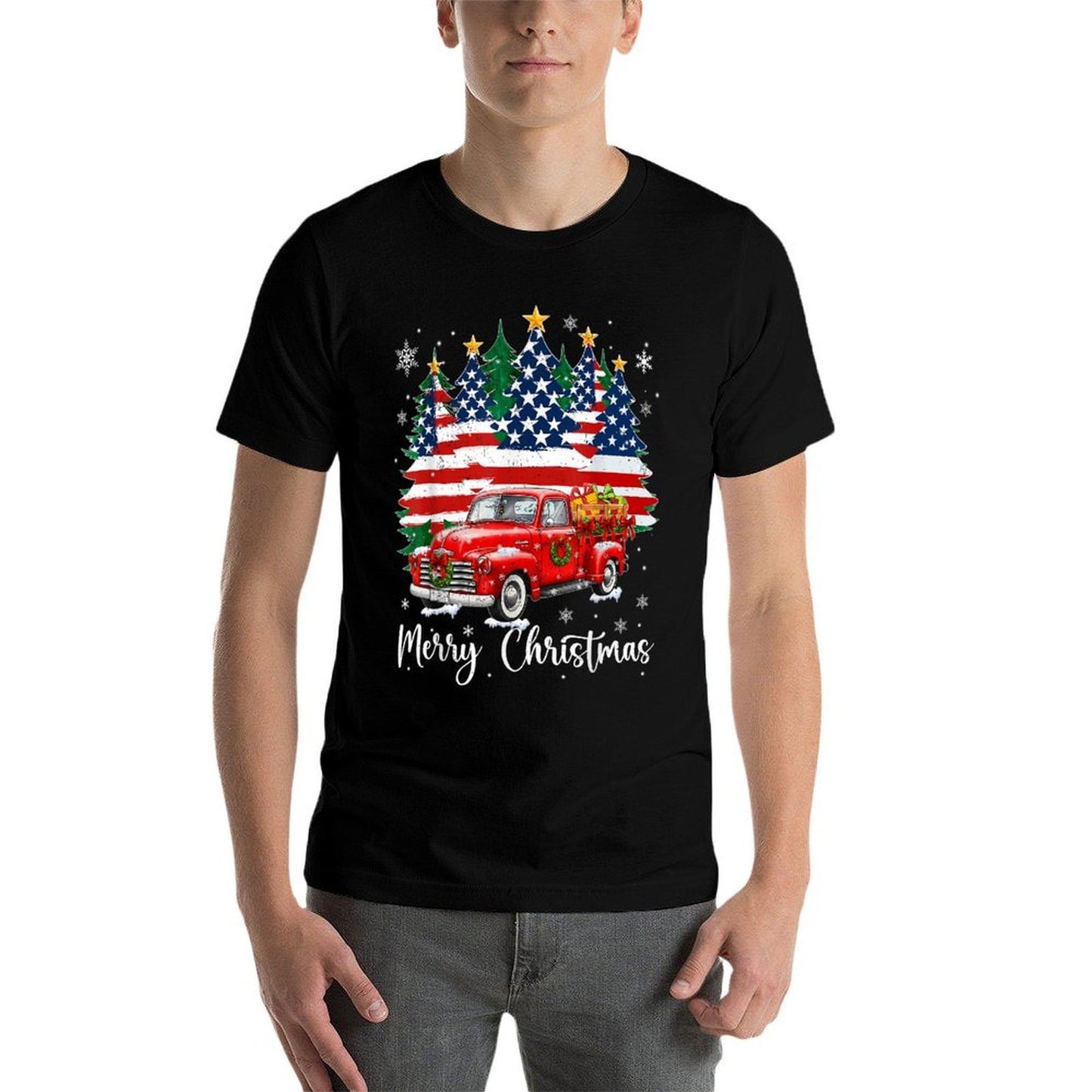 Merry Christmas Vintage Red Truck Us Tree Xmas Men  Ribbed Collar T-Shirt
