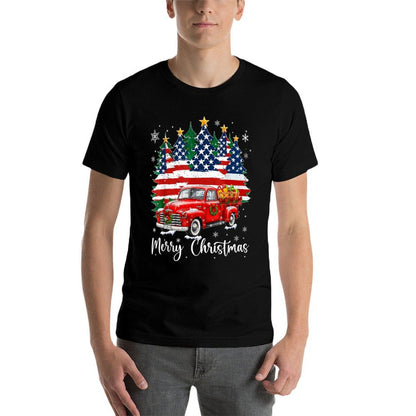 Merry Christmas Vintage Red Truck Us Tree Xmas Men  Ribbed Collar T-Shirt