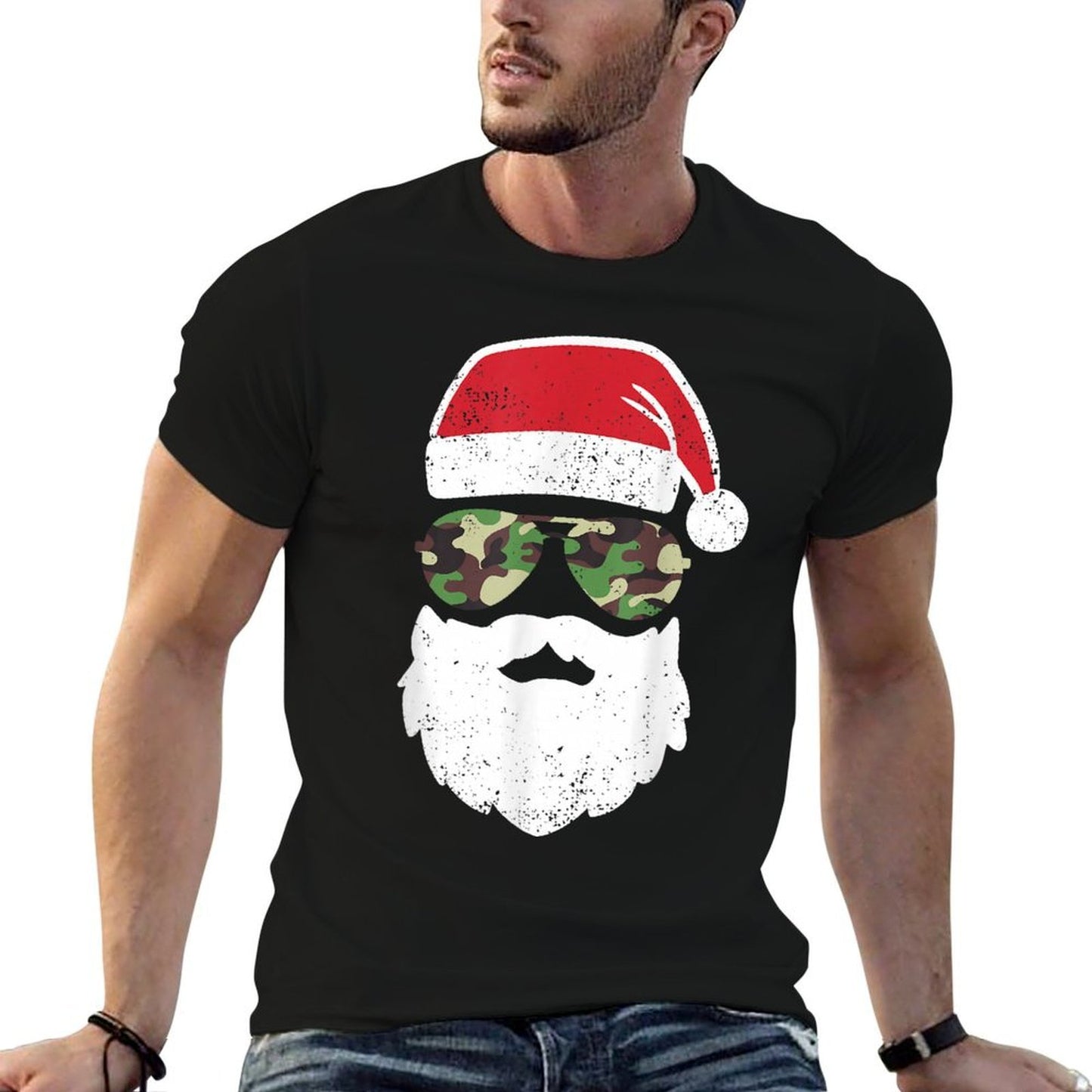 Camo Santa Claus Sunglasses Funny Camo Christmas Camouflage  Graphic-printed T-Shirt