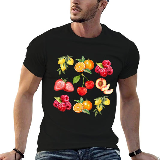 Cottagecore Watercolor Fruit Peaches Cherries Strawberries  Stretchy T-Shirt