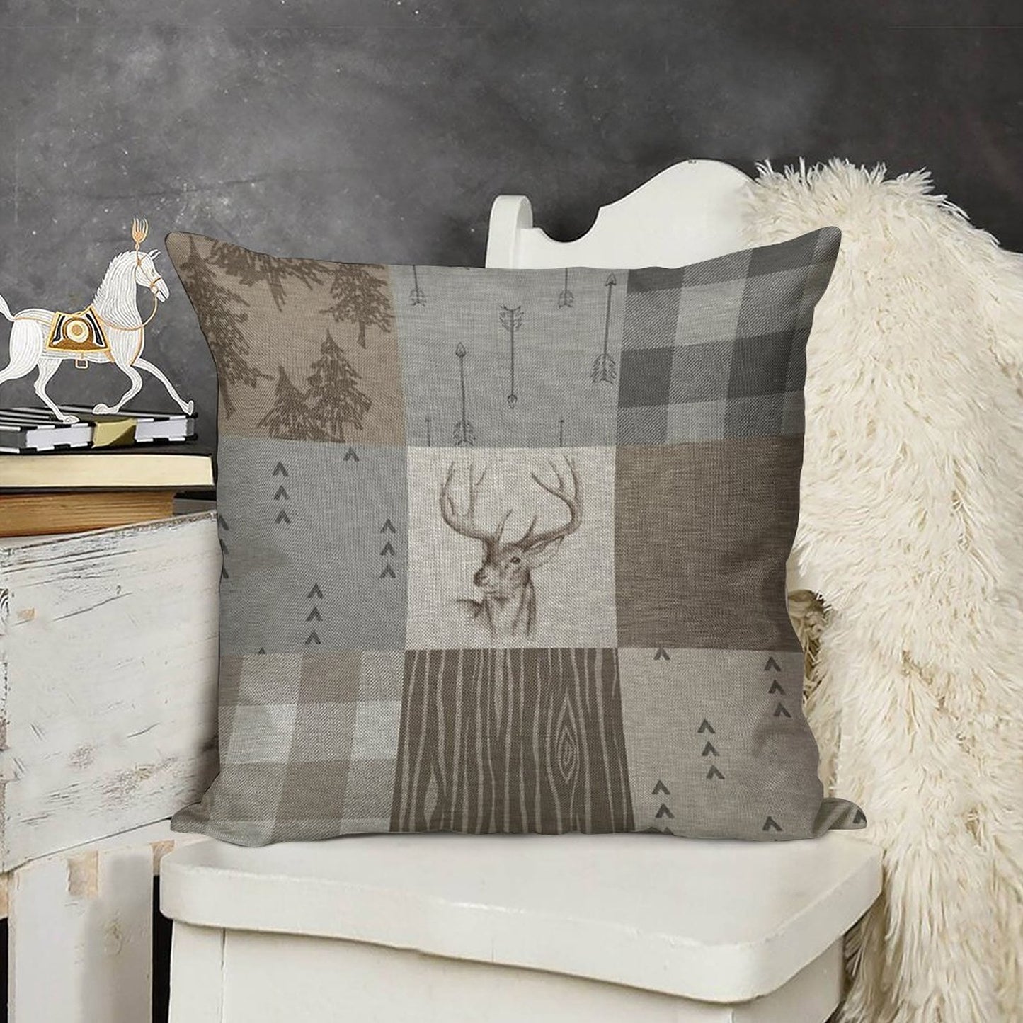 Deer Patchwork - Rustic Neutrals Linen Throw Pillow Cover